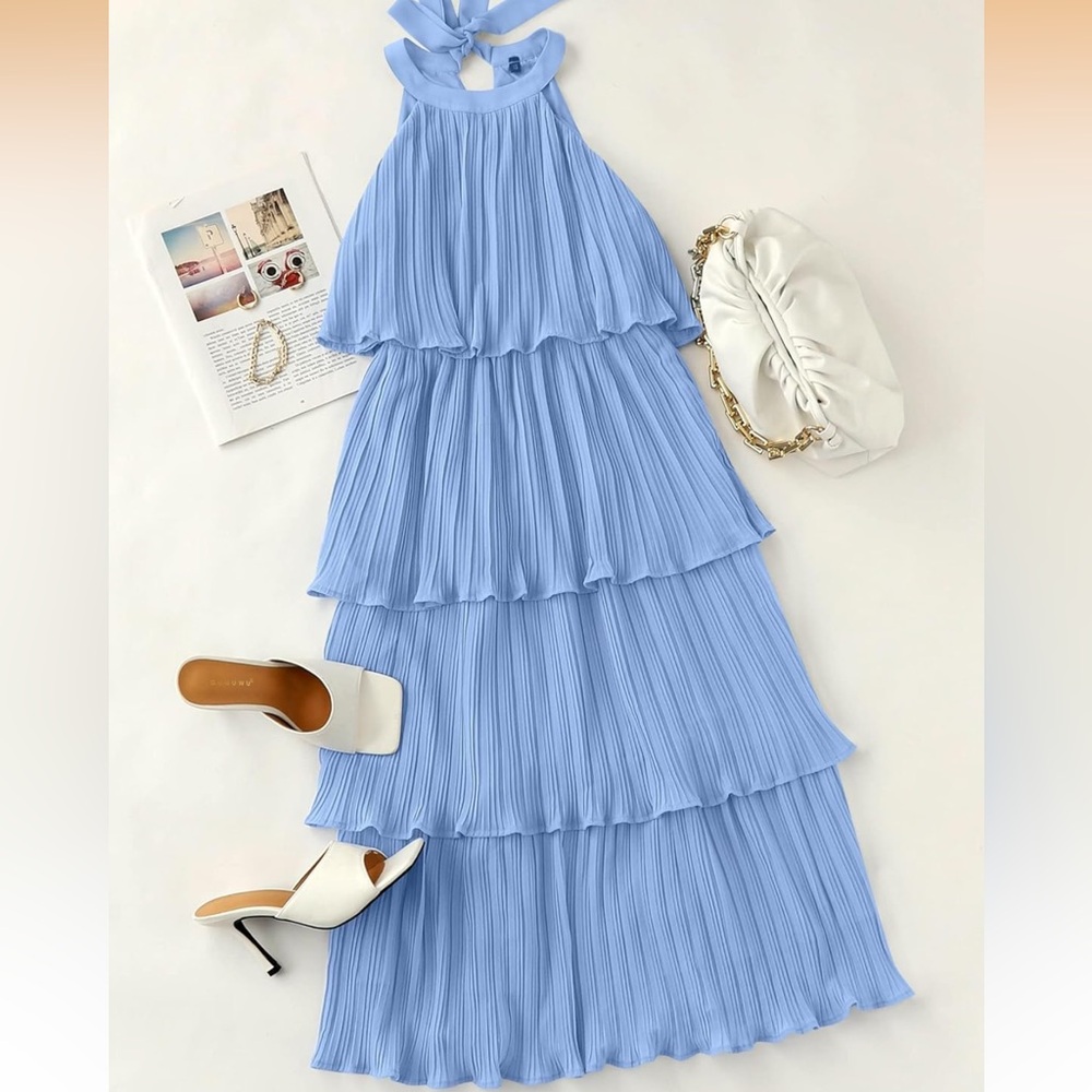 Elegant Light Blue Tiered Pleated Dress